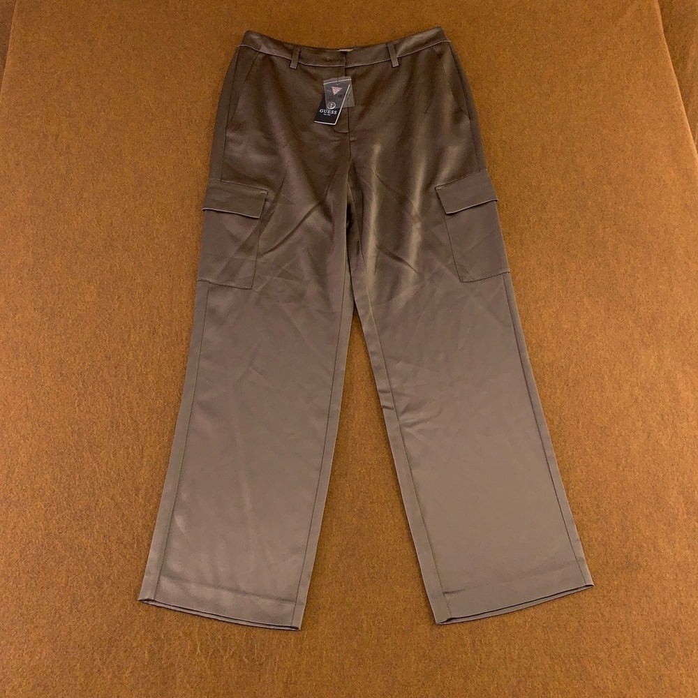 Guess Womens Medium Walnut Shell Flat Front Classic Megan Cargo Satin Pants NWT